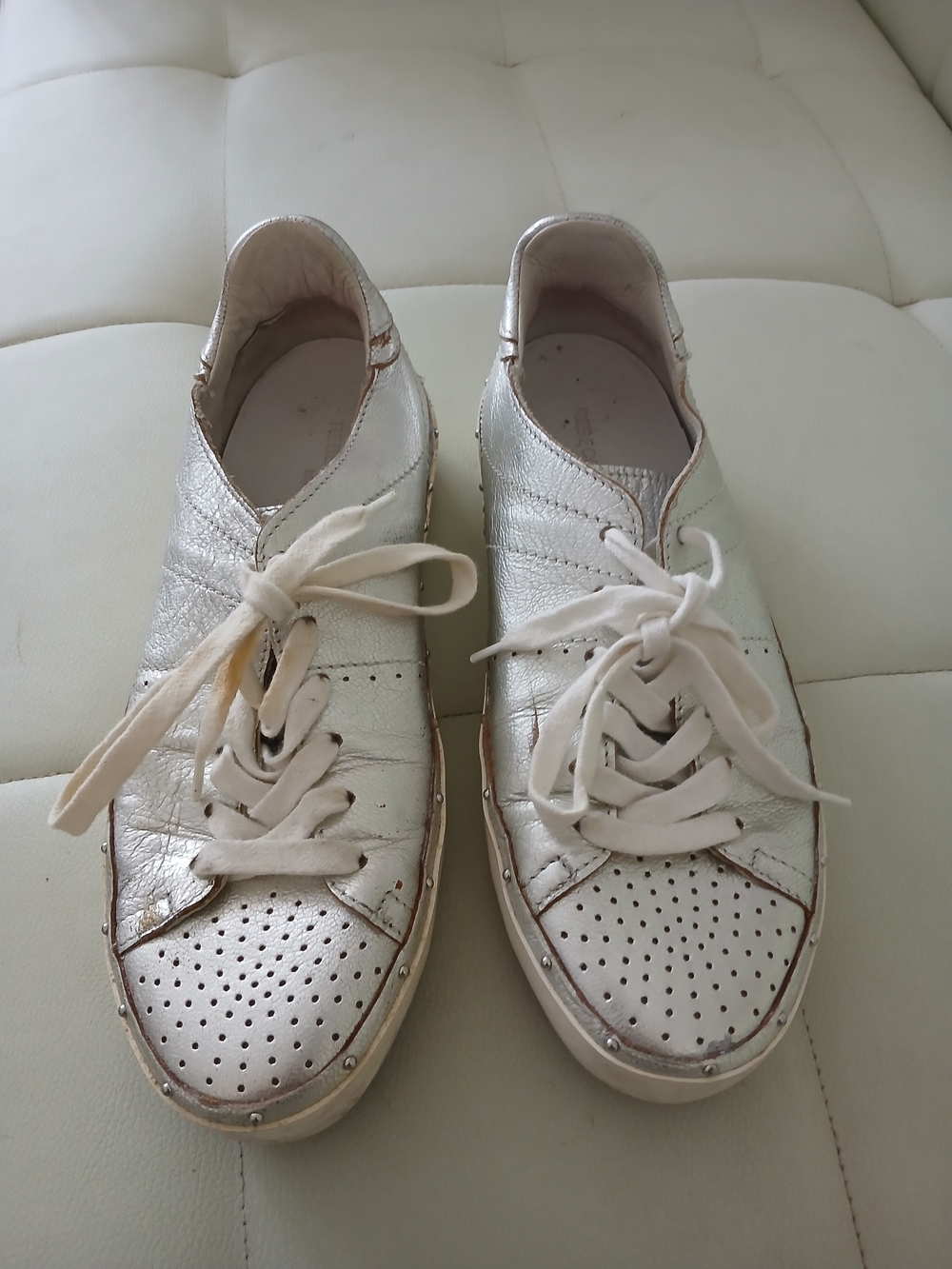 Rebecca Minkoff Metallic Silver Lace-Up Sneakers with Perforated Toe